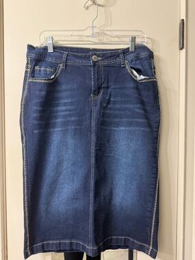 Dark Blue Denim Midi Skirt with Side Stitch Detail